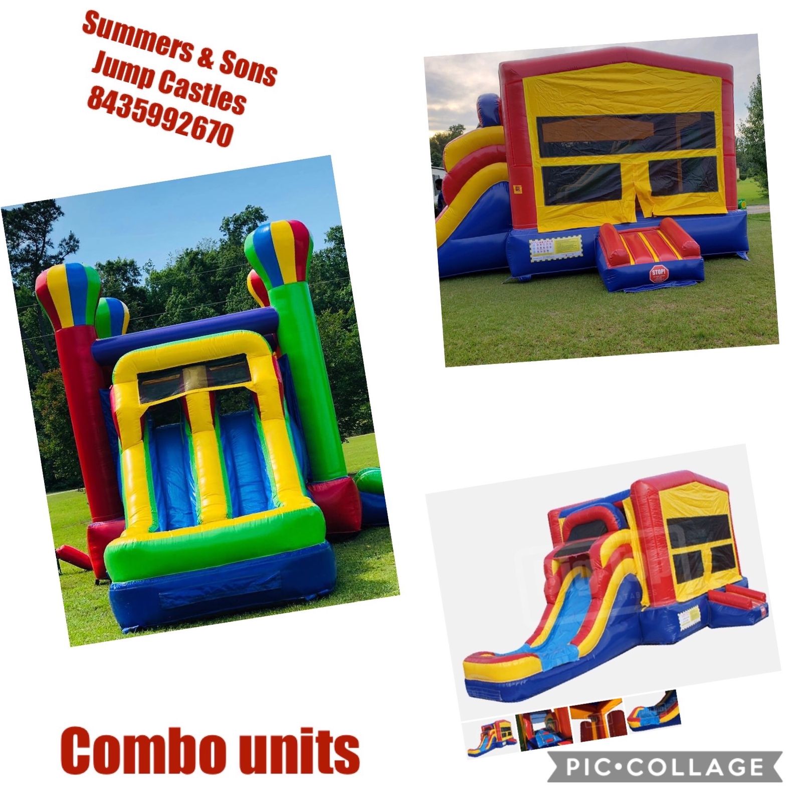 Collage of bounce house combo units with attached slides