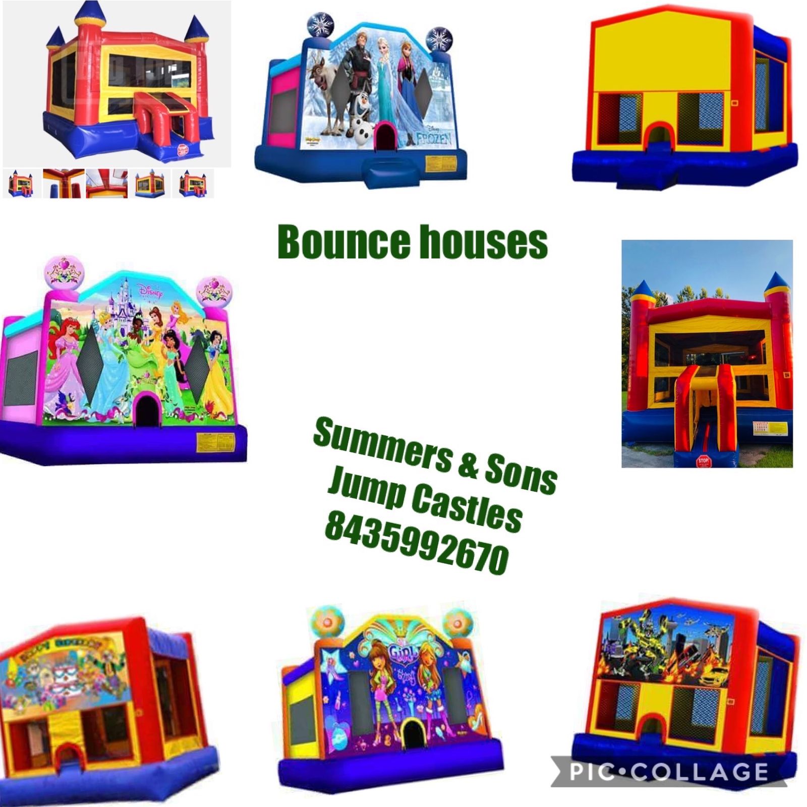 Collage of themed bounce houses including Frozen, Disney Princess, superhero, and classic castle-style units